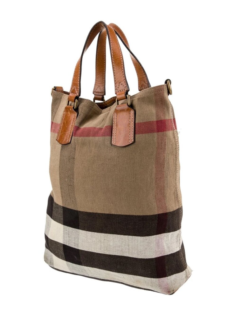 Burberry Plaid Canvas Tote Bag w/ Leather Trim Adjustable Strap Brown Black Tan